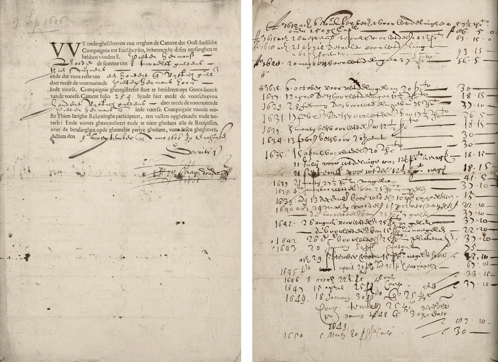 Hollanda Doğu Hindistan Şirketi'nin 1606 tarihli el yazısı pay belgesi