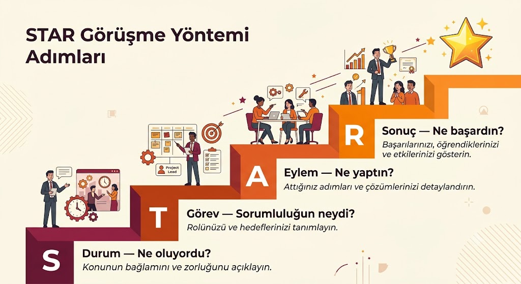 STAR metodu: Situation (Durum), Task (Görev), Action (Eylem), Result (Sonuç)